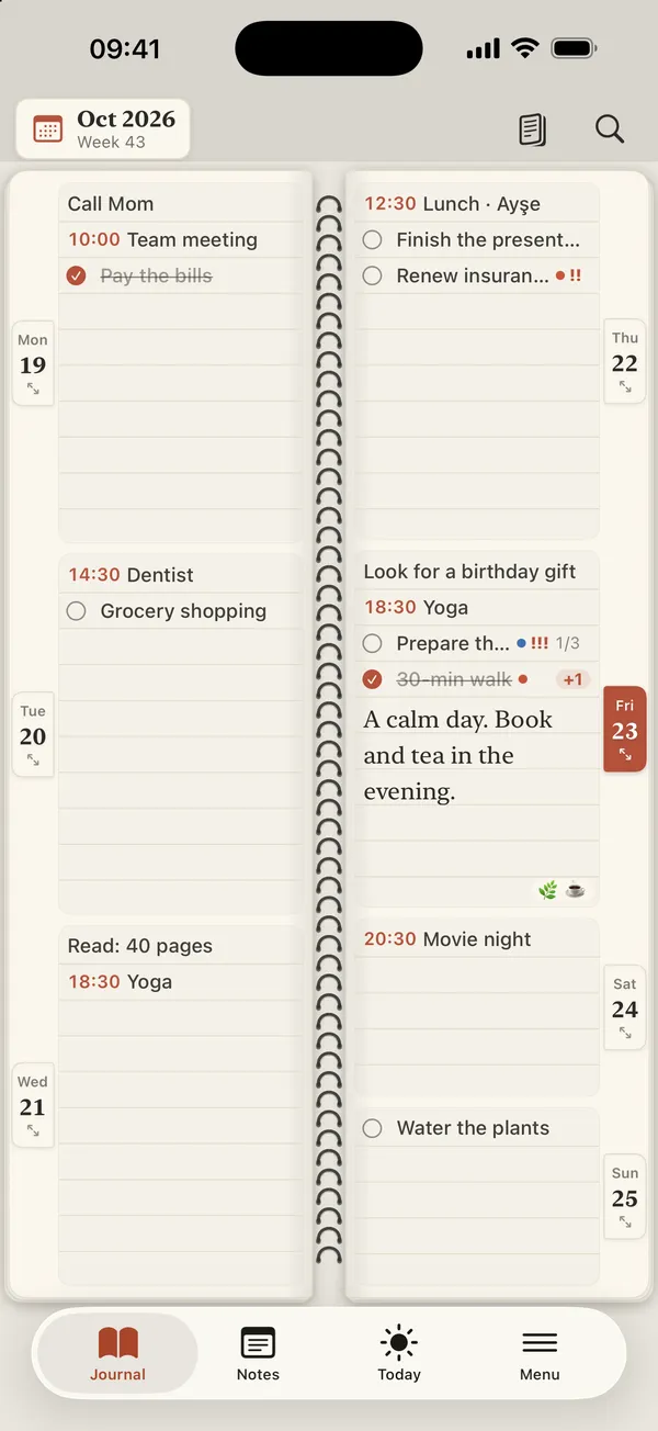 Paperweek week view: two facing pages of a spiral-bound notebook with tasks, events and notes for each day