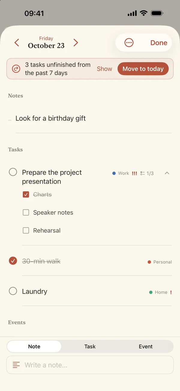Day editor with notes, a task broken into subtasks, categories and priority marks