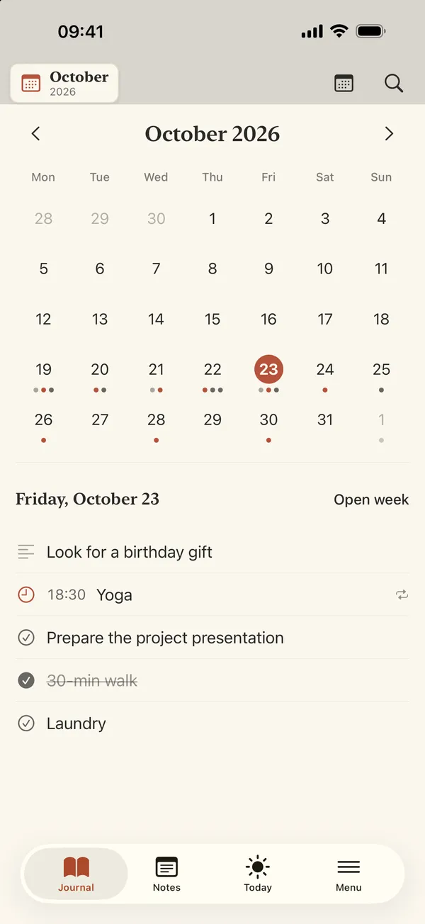 Month view with dots under busy days and the selected day's entries below