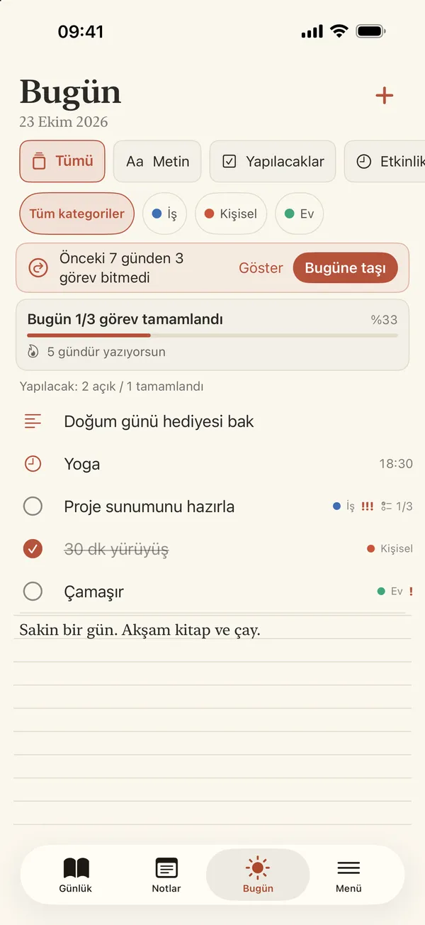 Bugün ekranı: süzgeçler, günlük ilerleme ve bitmeyen görevleri bugüne taşıma şeridi